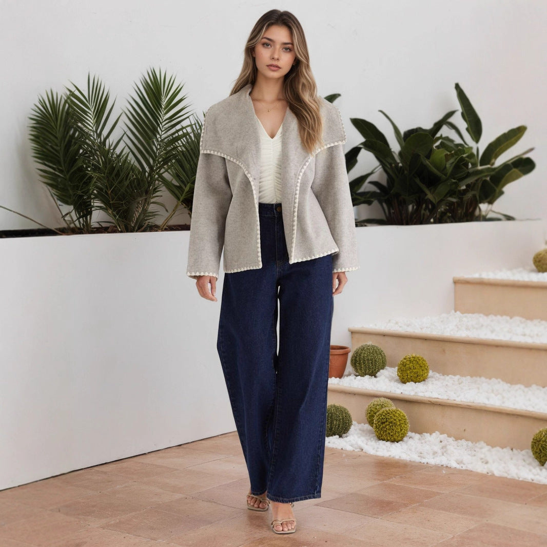 Elegant Warm Short Contrast Color Loose Design Cardigan Coat