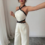 Women's Fashionable Wave Lace Texture Halter Stitching Hollow-out Jumpsuit