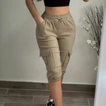 Summer Women's Slim-Fit Capri Trousers Solid Color Casual Multiple Pocket Lace-Up High Waist Tight Leggings Capri Pants