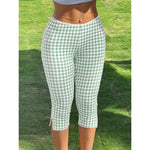 Women Capri Pants Elastic High Waist 3/4 Length Slim Fit Trousers y2k Aesthetic Plaid Print Slit Cropped Leggings Casual Daily