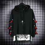 Autumn  Men's Casual Hoodie Sweatshirt Techwear Hip Hop Harajuku Style with Ribbons Patchwork Japanese Streetwear Darkwear