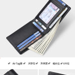 Airtag Business Genuine Cow Leather Men Bifold Thin Wallet RFID Blocking Credit Bank Card Holder with ID Window Male Purse Black