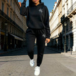 Autumn Winter Home Outdoor Casual Fashion Pure Color Sportswear Cross Print Women's Hoodie Sets Hooded Sweatshirt and Sweatpants