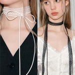 2 Pcs Retro Lace Ribbon Bow Neckband Women Fashion Simple Double Layer Long Tassel Necklace Versatile Neck Ornament Accessories