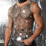 Tank Tops Men Rhinestone Fishnet Shiny Muscle Top Man See Through Vest Round Sequin Sleeveless T-Shirt Party Nightclub Garment
