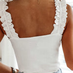 Tank Tops Women Square Collar Solid Knit Casual Basic Summer Ribbed Slim Ruffles