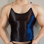 Sexy Men Oil Glossy Shiny Tank Tops Stain Smooth Spaghetti Strap Sheer See Through Fashion Top High Elastic Sleeveless Shirt
