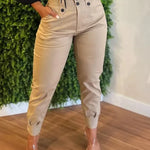 Women Capris Spliced Cargo Pants Pockets Solid High Waist Zipper Fly Skinny Casual 2024 Button Pencil Pants Ankle Length