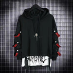 Autumn  Men's Casual Hoodie Sweatshirt Techwear Hip Hop Harajuku Style with Ribbons Patchwork Japanese Streetwear Darkwear