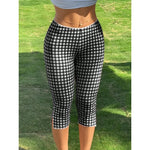 Women Capri Pants Elastic High Waist 3/4 Length Slim Fit Trousers y2k Aesthetic Plaid Print Slit Cropped Leggings Casual Daily