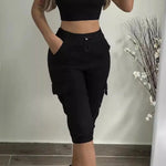 Summer Women's Slim-Fit Capri Trousers Solid Color Casual Multiple Pocket Lace-Up High Waist Tight Leggings Capri Pants