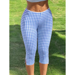 Women Capri Pants Elastic High Waist 3/4 Length Slim Fit Trousers y2k Aesthetic Plaid Print Slit Cropped Leggings Casual Daily