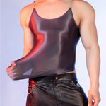 Sexy Men Oil Glossy Shiny Tank Tops Stain Smooth Spaghetti Strap Sheer See Through Fashion Top High Elastic Sleeveless Shirt