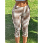 Women Capri Pants Elastic High Waist 3/4 Length Slim Fit Trousers y2k Aesthetic Plaid Print Slit Cropped Leggings Casual Daily