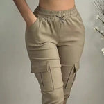 Summer Women's Slim-Fit Capri Trousers Solid Color Casual Multiple Pocket Lace-Up High Waist Tight Leggings Capri Pants