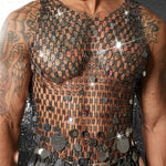 Tank Tops Men Rhinestone Fishnet Shiny Muscle Top Man See Through Vest Round Sequin Sleeveless T-Shirt Party Nightclub Garment