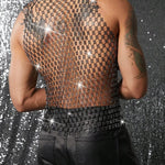Tank Tops Men Rhinestone Fishnet Shiny Muscle Top Man See Through Vest Round Sequin Sleeveless T-Shirt Party Nightclub Garment