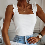 Tank Tops Women Square Collar Solid Knit Casual Basic Summer Ribbed Slim Ruffles