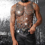 Tank Tops Men Rhinestone Fishnet Shiny Muscle Top Man See Through Vest Round Sequin Sleeveless T-Shirt Party Nightclub Garment