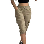 Summer Women's Slim-Fit Capri Trousers Solid Color Casual Multiple Pocket Lace-Up High Waist Tight Leggings Capri Pants