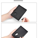 Airtag Business Genuine Cow Leather Men Bifold Thin Wallet RFID Blocking Credit Bank Card Holder with ID Window Male Purse Black